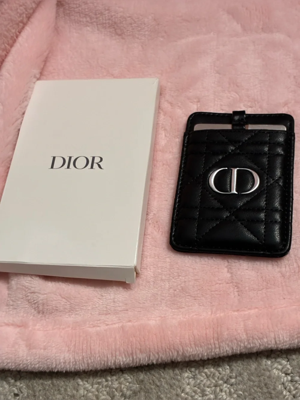 Christian Dior Cannage CD Leather Stick-On Phone Card Holder Wallet Black NIB